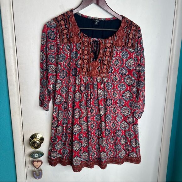 Lucky Brand women shirt red pattern embroidered tassel size medium BoHo - Picture 1 of 10